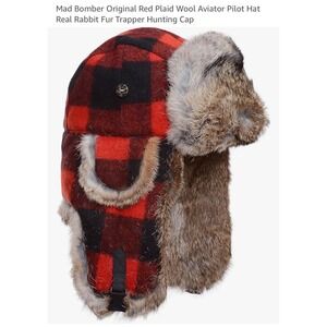 Mad Bomber Red Plaid Wool Aviator Hat Made with Rabbit Fur Trapper Hunting Cap L